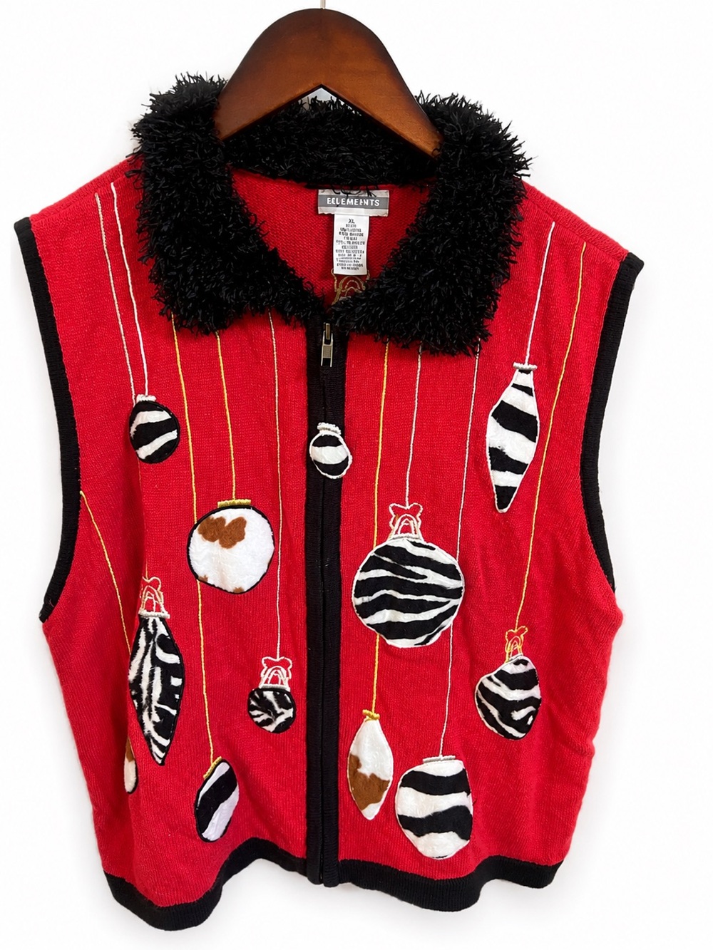 Vintage Chic Bechamel Red Animal Print Ornament Knit Vest Faux Fur Collar Zip Up